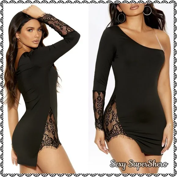 🆕Little Black Lace Insert Asymmetrical One Shoulder Mini Dress - Picture 2 of 8